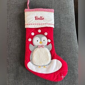 Red Penguin Quilted Christmas Stocking personalized with the name Belle